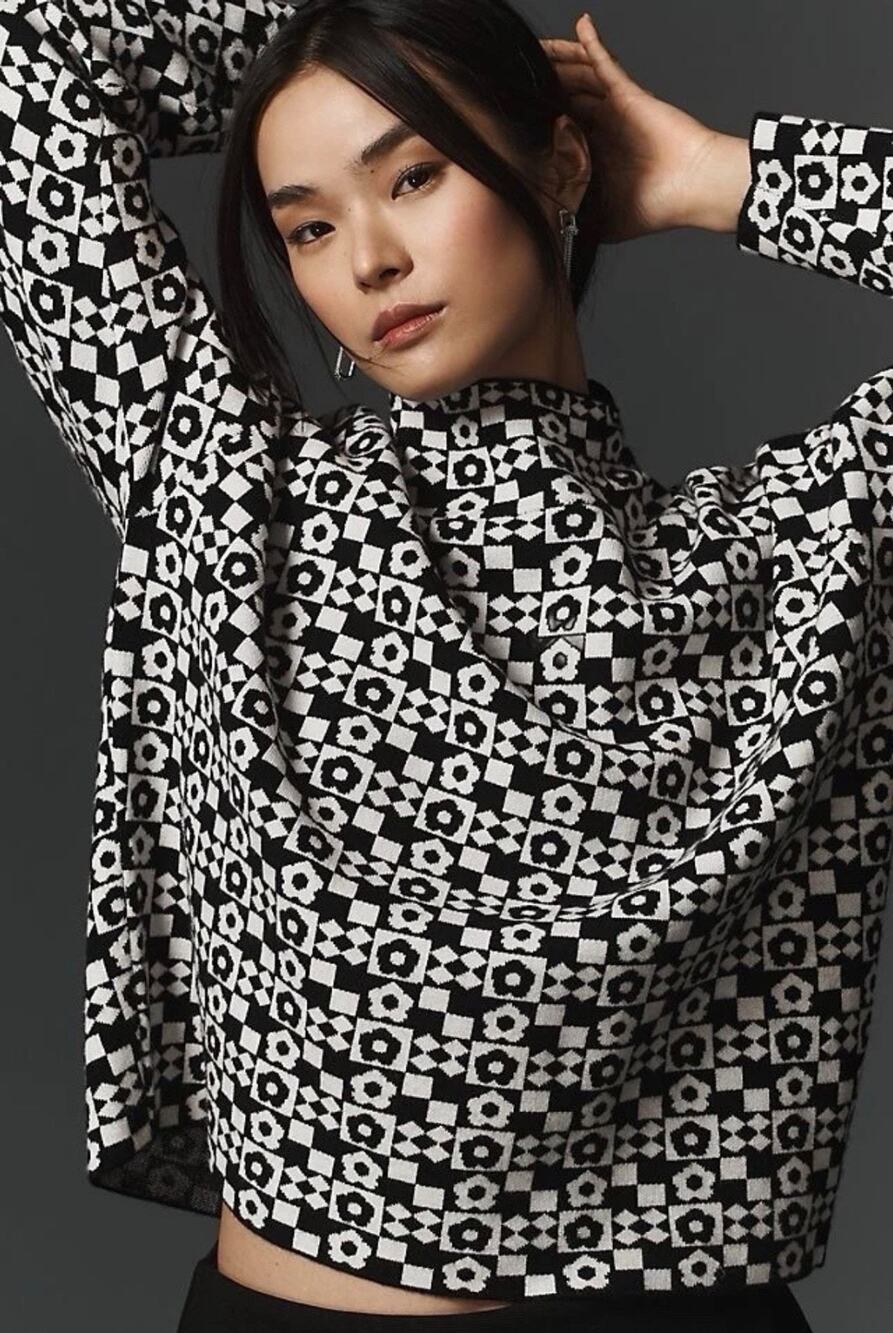 Anthropologie Maeve Carys Mock Neck Sweater Black White Floral Checkered Size M